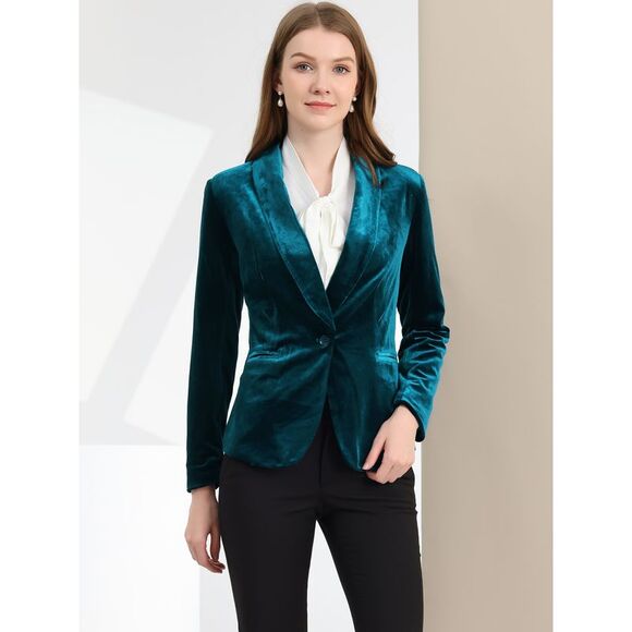 Women's Coat Solid Shawl Collar 1 Button Velvet Blazer Lake Blue - Picture 2 of 6